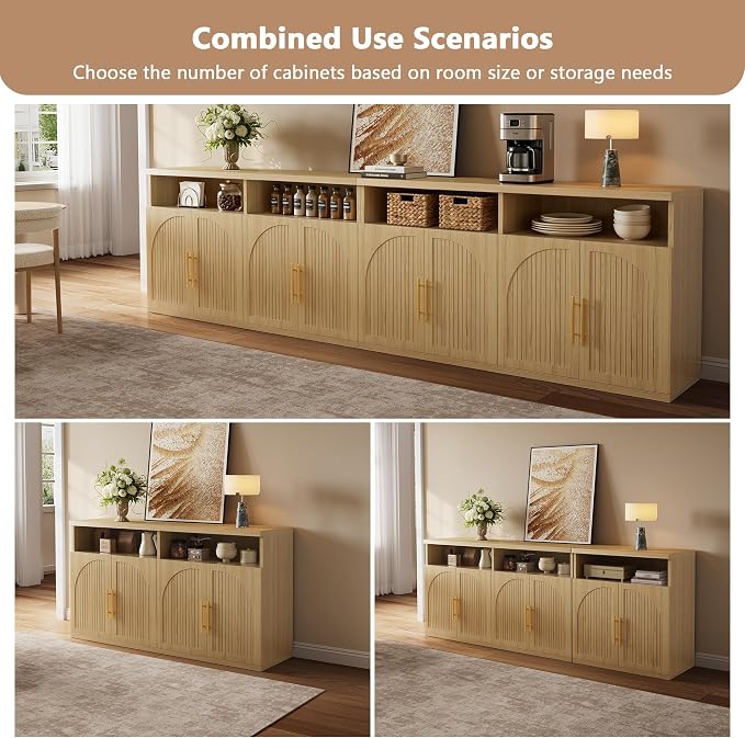 Fluted Buffet Cabinet with Storage, 63" Wide Wood Sideboard Credenza with 4 Doors & Open Storage Shelf, Modern Kitchen Entryway Accent Table for Dining Room Living Room, Kitchen, Hallway, Oak