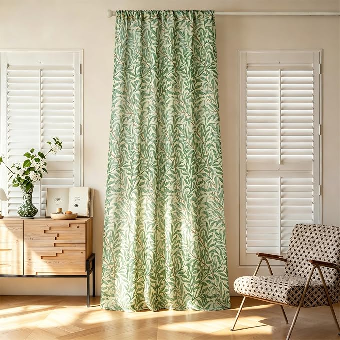 RoomTalks Green Floral Window Curtains 84 Inches Length 2 Panels, Boho Country Vintage Cute Botanical Vine Leaf Faux Linen Curtain Panels for Bedroom Dining Living Room Dorm Summer Aesthetic Decor