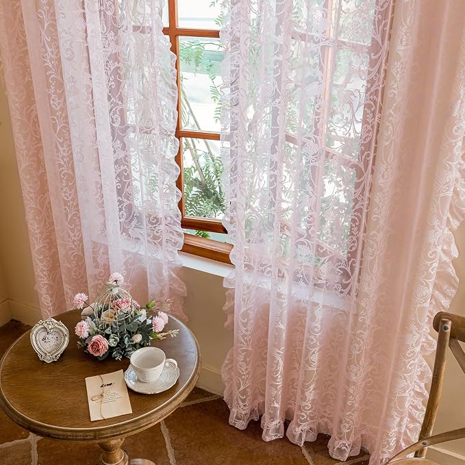 TUDECO Pink Ruffle Curtains 96 Inches Long - Feminine Light Pink Sheer Floral Girly Curtains for Baby Nursery, Elegant Dreamy Rod Pocket Privacy Ruffled Couqutte Decor 1 Pair, 59 x 96 Inch