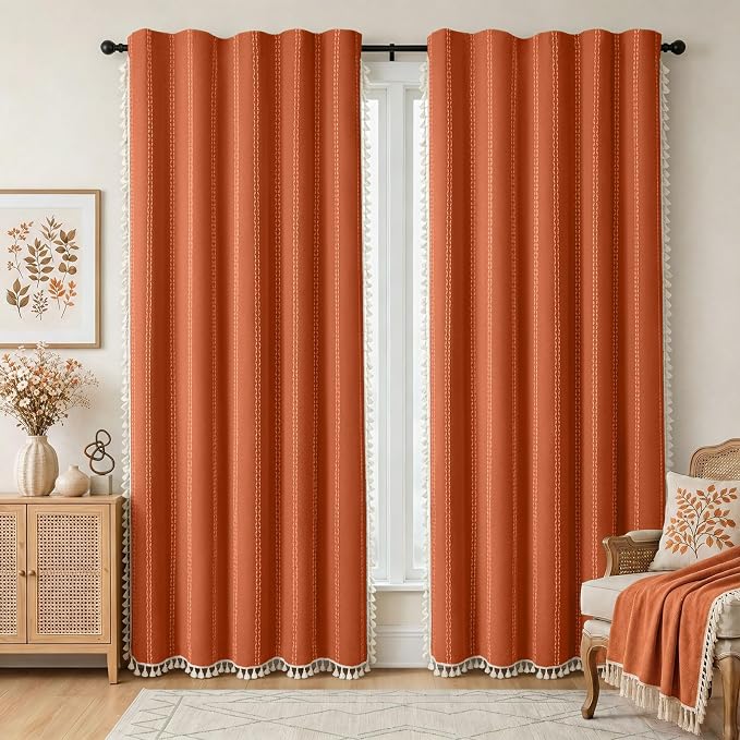 Burnt Orange Boho Blackout Curtains 2 Panels 84 Inch for Living Room Bedroom, Linen Texture Farmhouse Curtains with Tassels and White Cotton Embroidery Vintage Rustic Country Western