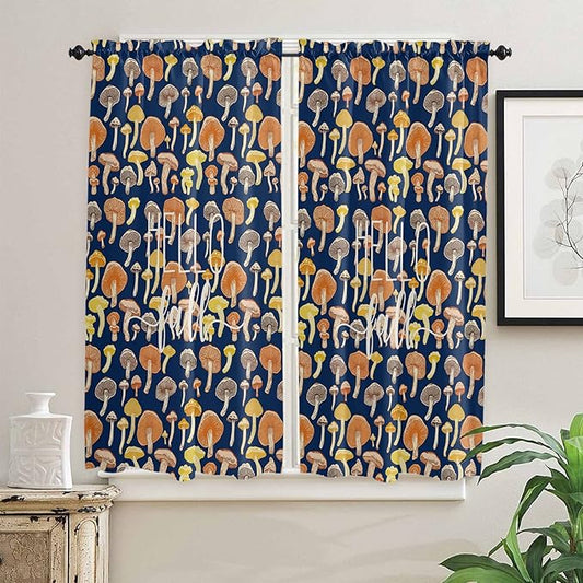 Kitchen Tier Curtains 63 inches Length, Hello Fall Thanksgiving Orange Yellow Mushroom Navy Blue Curtains for Living Room Bath,Rod Pocket Light Filter Drapes Half Window Treatment Tiers 2 Panels