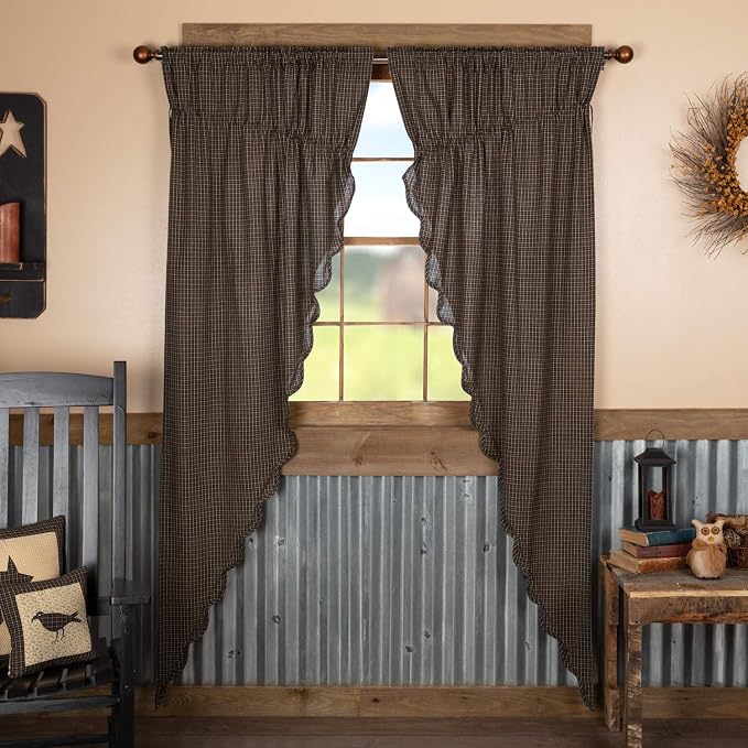 VHC Brands Kettle Grove Window Curtains, Plaid Prairie Long Panel Scalloped Set of 2 84x36x18