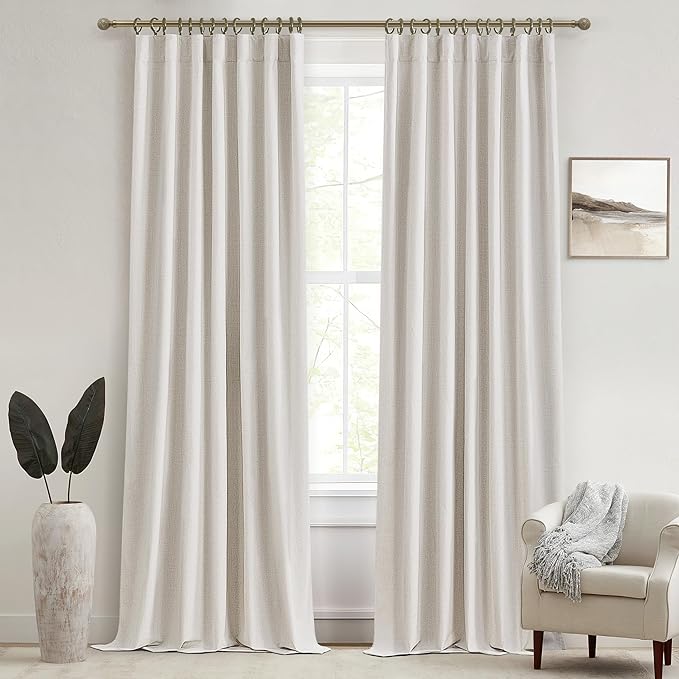 100 Percent Blackout Sliding Glass Door Curtains 120 Inches Long 2 Panels, 10 Foot Theater Floor to Ceiling Track Drape Linen Drop Cloth Traverse Curtains Farmhouse Natural Beige (Hook,Rings Include)