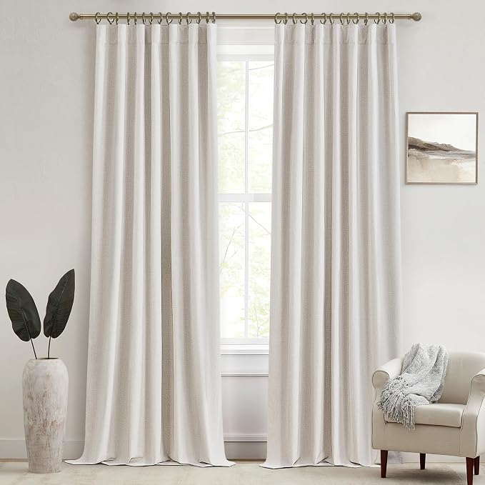 100 Percent Blackout Sliding Glass Door Curtains 120 Inches Long 2 Panels, 10 Foot Theater Floor to Ceiling Track Drape Linen Drop Cloth Traverse Curtains Farmhouse Natural Beige (Hook,Rings Include)