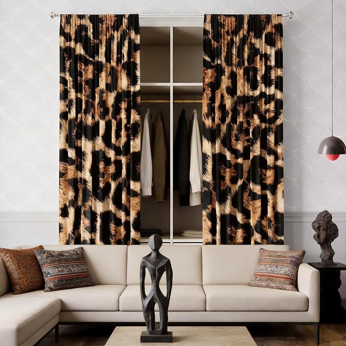 Leopard Print Curtains 29WX63H for Living Room Bedroom Cheetah Print Leopard Decor Brown for Bedroom Window Drapes Treatment Fabric 2 Panels