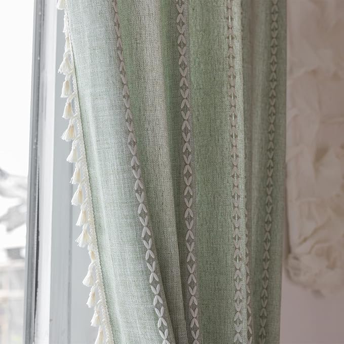 RoomTalks Sage Green Boho Farmhouse Curtains for Bedroom Living Room 96 Inch Length 2 Panels French Country Spring Cute Textured Window Curtain Panels Striped Bohemian Chic Tassel Draperies
