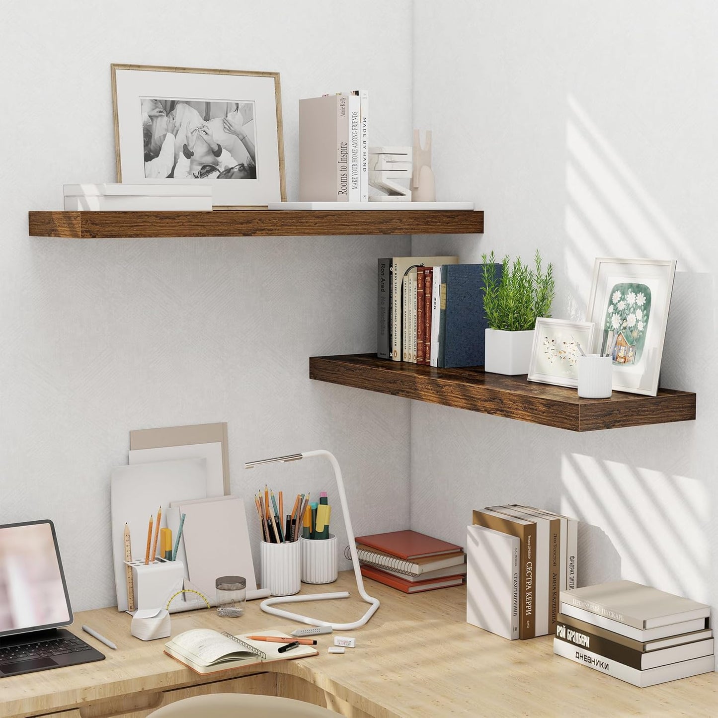 Fun Memories Floating Shelves for Wall 36 Inches, Wood Shelves with Invisible Bracket, 10" Deep Shelves Wall Mounted, Large Floating Shelves for Living Room Bathroom, Rustic Brown, Set of 2