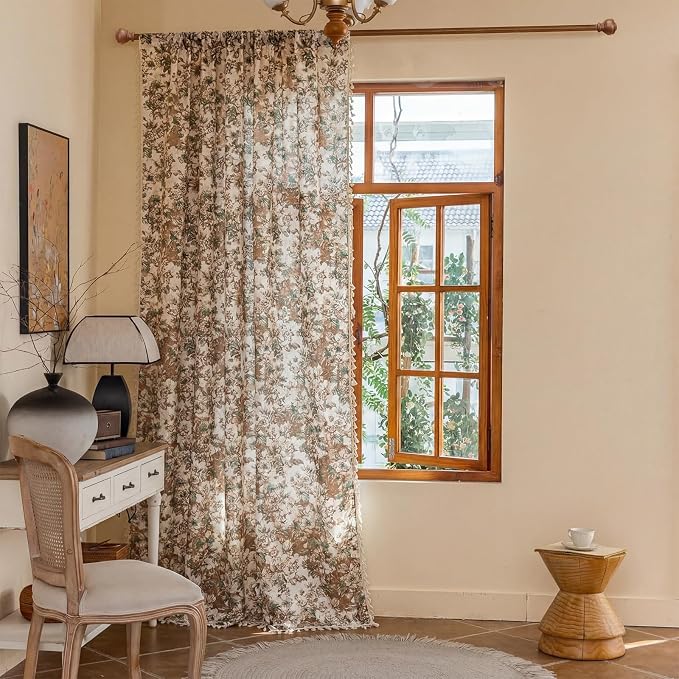 OYX Boho Floral Curtains 96 Inch, Linen Farmhouse Flower Drapes with Lace & Tassels, Light Filtering Semi Sheer Curtains for Living Room Bedroom, 2 Panels