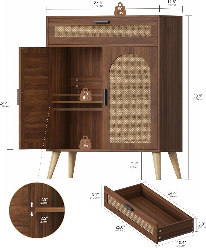 Keehusux Rattan Storage Cabinet with Drawer and 2 Doors, Accent Sideboard Buffet Cabinet with Adjustable Shelf, Solid Wood Feet, Coffee Bar for Kitchen, Living Room, Entryway, Walnut