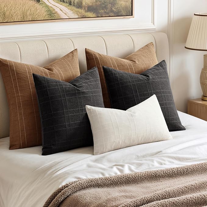 MIULEE Decorative Linen Check Euro Shams Throw Pillow Covers Neutral Farmhouse Vintage Pillow Covers 24x24 Set of 2 Boho Modern Winter Home Decor for Sofa Couch Bedroom Cushion Camel Brown