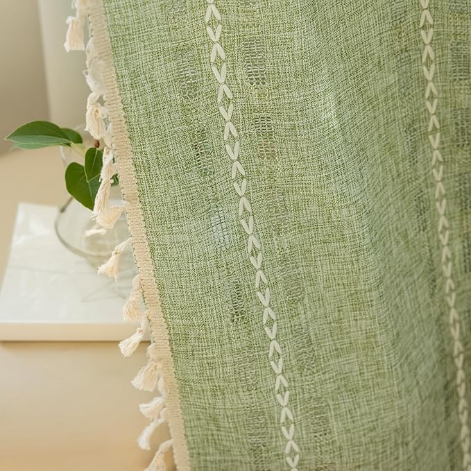 Deeprove Boho Curtain 63 inches Length for Living Room Bedroom Nursery, Retro Casual Bohemian Sheer 63 inches Long Stripe Embroidery Privacy Window Tassel Xmas Decor W52 x L63, 1 Panel Sage Green