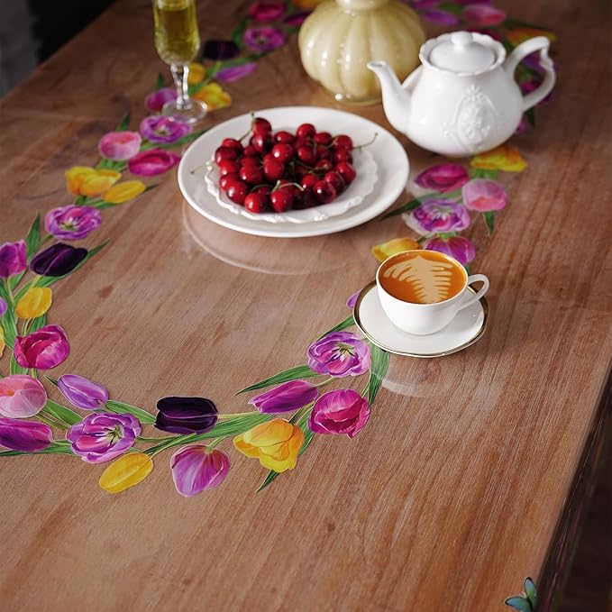 Clear Table Protector Cover Vinyl Rectangle PVC Tablecloth with Tulip Waterproof Oil Proof Wipeable Plastic Tablecloths for Spring Summer Home Kitchen Dining Table (Tulip, 52 x 70 Inches)