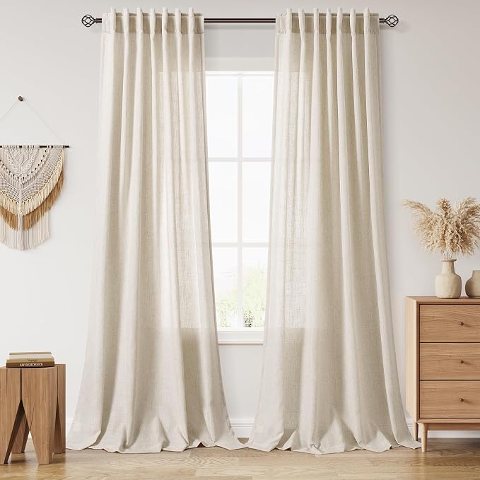 Nanspring 102 Inch Long Curtains for Living Room Boho Linen Light Filtering Semi Sheer Curtain Back Tab Eclectic Home Decor Floor to Ceiling Modern Privacy Drapes for Bedroom 52x102, 2 Panels