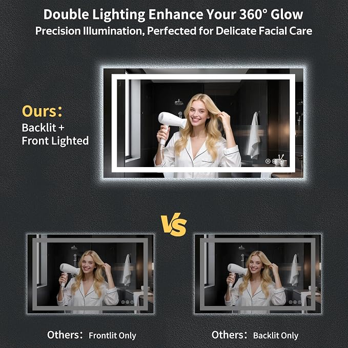 55"x30" LED Bathroom Mirror with Lights, Backlit + Front Lit with CRI>90, Lighted Mirror for Bathroom, Anti-Fog, Dimmable Brightness, 3 Colors, Memory Function, Shatterproof Tempered Glass