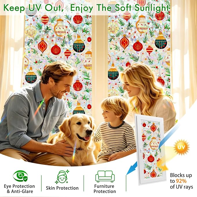 SOMWISE Rainbow Window Privacy Film,Heat Control,UV Blocking,Anti-Glare,Day & Night Privacy Protection & Decoration for Home, Bathroom,Glass Door,Static Cling,Renter-Friendly with Installation Tools