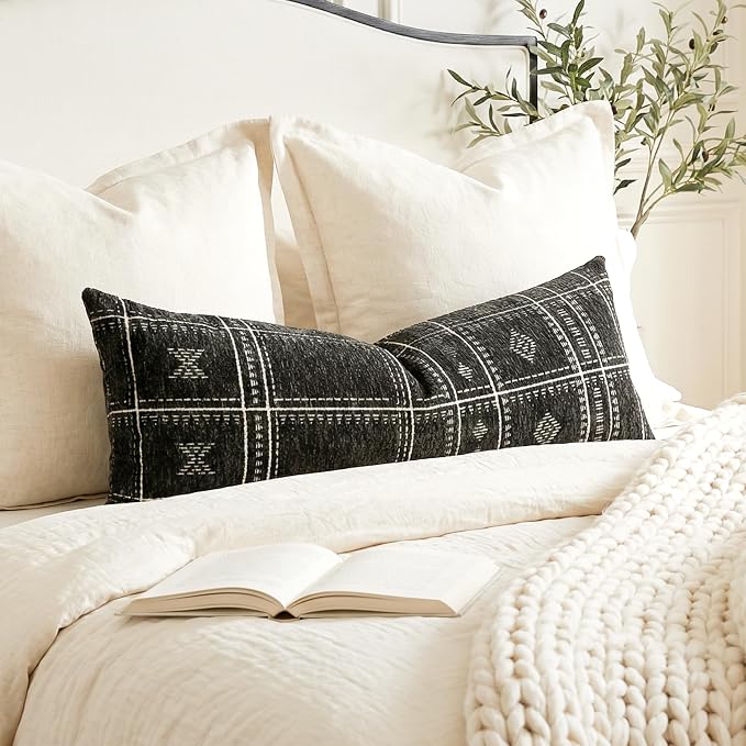 BlissBlush Decorative Lumbar Pillow Cover 14x36, Long Decorative Throw Pillow for Bed, Black Boho Textured Chenille Accent Pillowcase for Bedroom Home Décor (Cover Only)