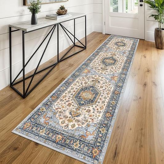 KUTA Vintage Washable Runner Rug, 2x8 Ivory Blue Runners for Hallways Non-Slip Kitchen Rugs Ultra Soft Printed Tribal Floor Carpet for Bedroom Living Room Nursery Playroom
