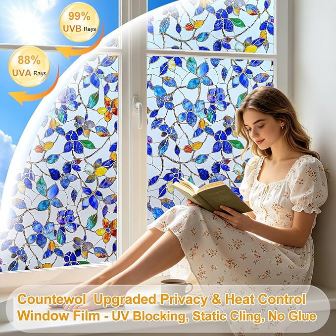 Countewol Privacy Window Film Upgraded 24H Day & Night Privacy Heat Insulation Static Cling Decorative Glass Film（Upgraded UV Purple, 17.5 X 78.7 in