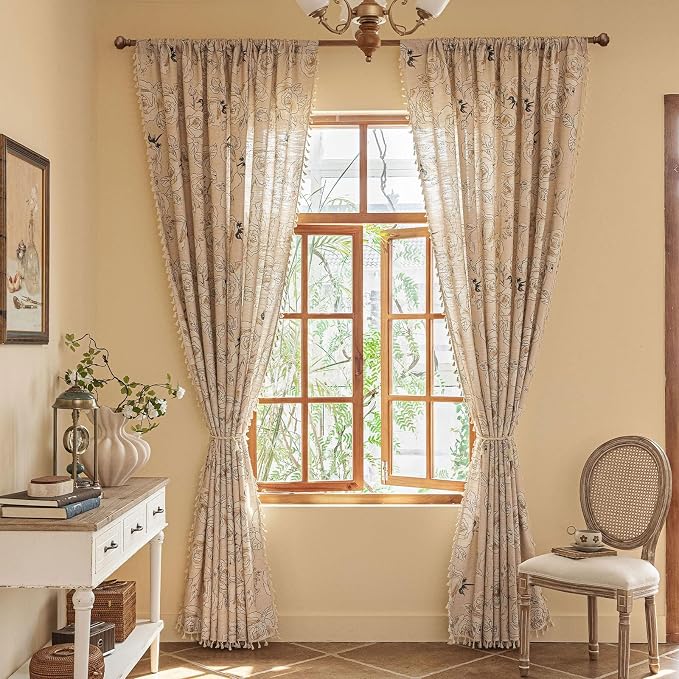 Boho Rose Floral Curtains 84 Inch Long 2 panels, French Vintage Farmhouse Patterned Decor Window Drapes With Tassels, Girls Semi-Sheer Light Filtering For Bedroom Living Room (Rod Pocket, 52Wx84L)