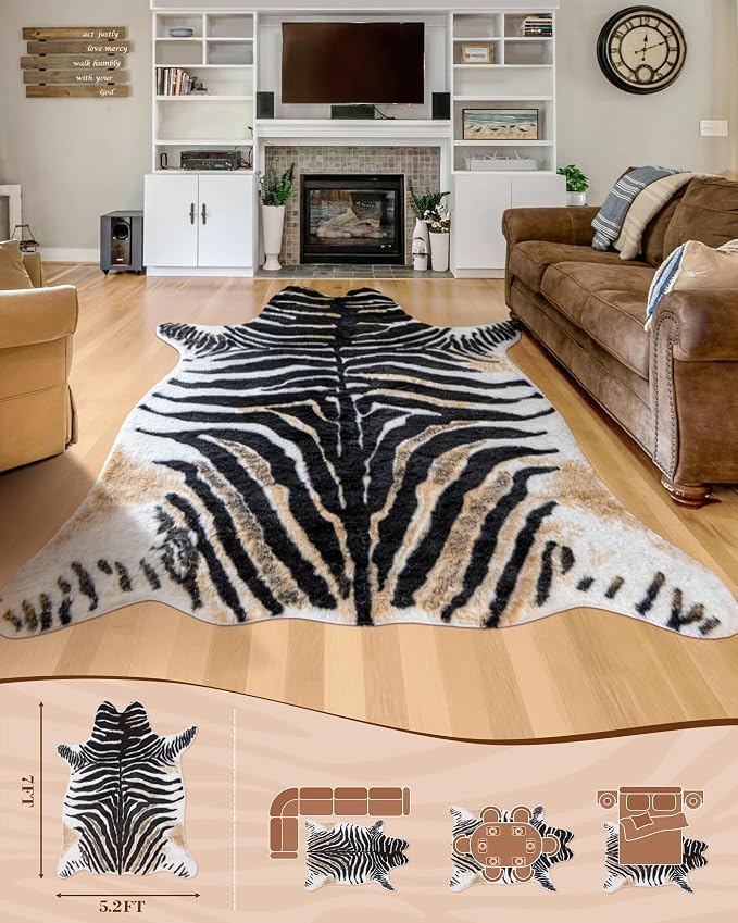 Zebra Print Rug for Living Room, Faux Fur Zebra Hide 6.2x8.2 Feet Animal Skin Rug for Bedroom Nursery Black and White