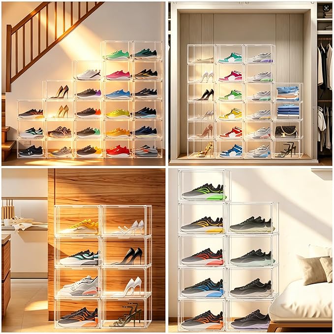 Clear Acrylic Shoe Storage Boxes 12 Pack, Size 14 Stackable Shoe Organizer with Magnetic Door, Space-Saving Sneaker Containers for Closet, Entryway, Transparent Display Case for Boots & Shoes