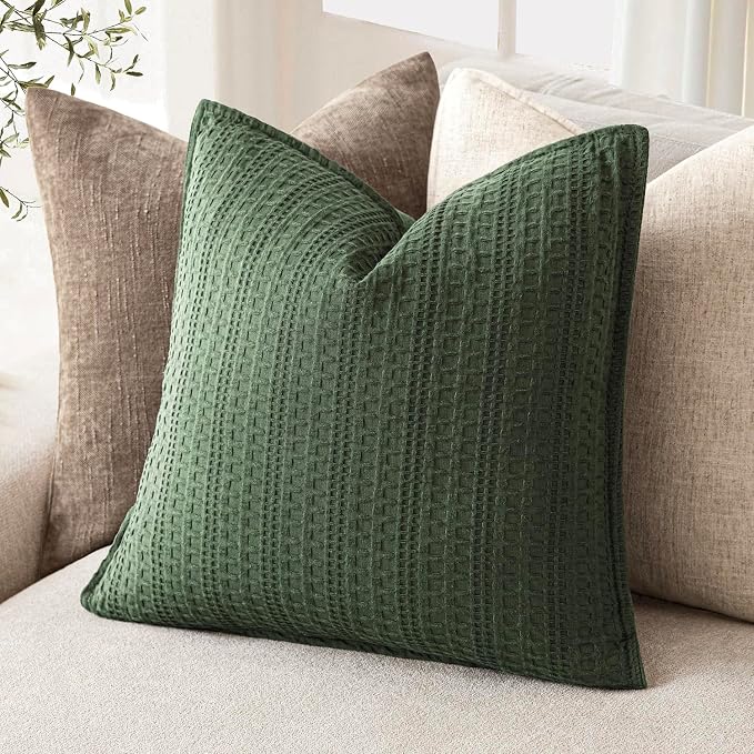 Foindtower Set of 2 Decorative Cotton Waffle Weave Throw Pillow Covers Euro Shams Cushion Covers Accent European Pillowcase for Bed Couch Sofa Bedroom Living Room Home Decor 22×22 Inch Dark Green