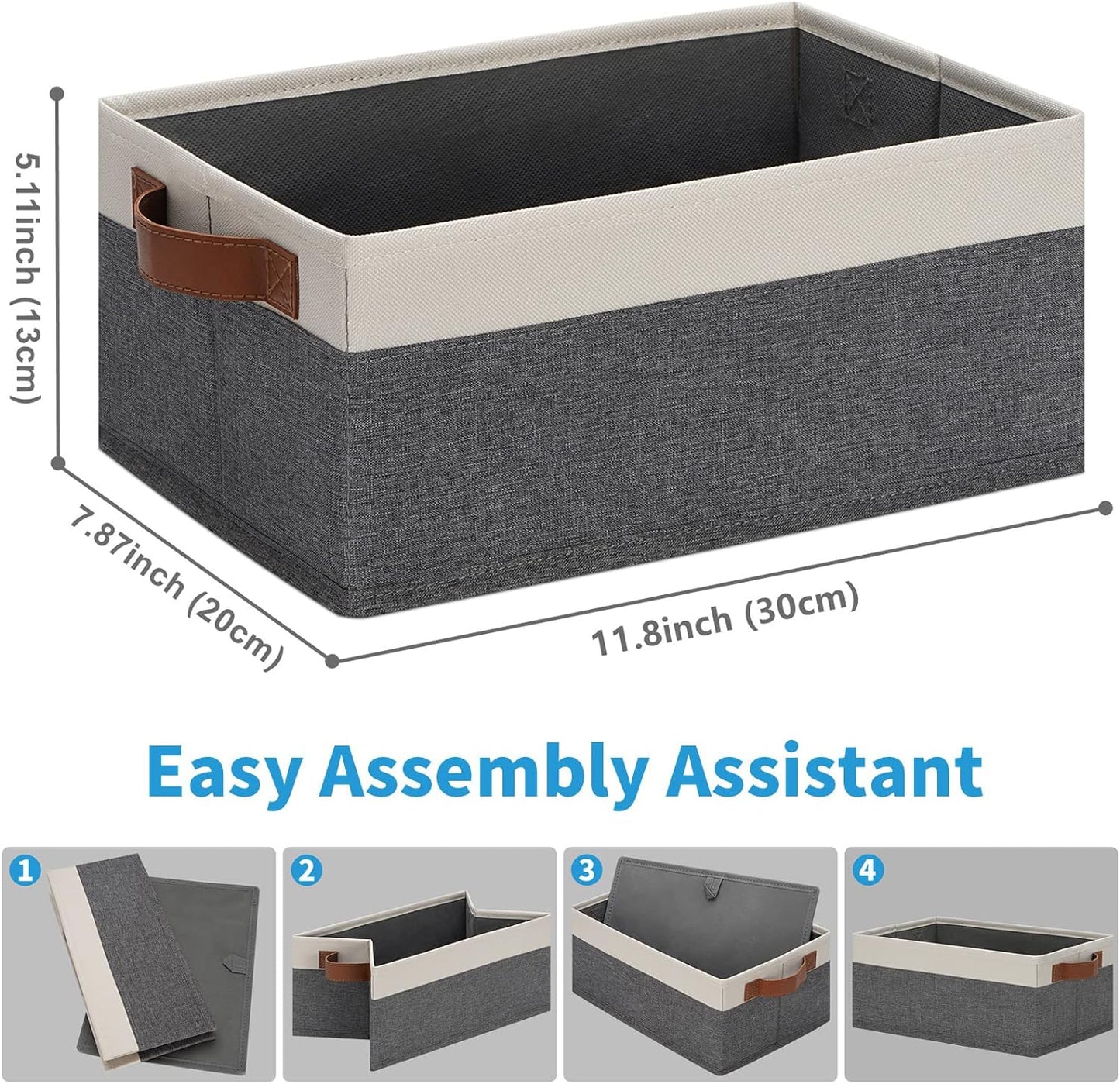 GhvyenntteS Small Fabric Storage Bins 12 Pack, Storage Basket with Leather Handles, Closet Storage Bins for Shelves, Storage Baskets for Shelves, Home, Office (Grey/White, 11.8" x 7.87" x 5.11")