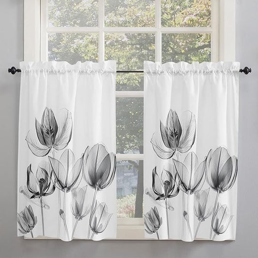 Kitchen Tier Curtains 54 inches Long, Flower Tulips Transparent Black Floral Window Curtains for Living Room Bath Cafe,Rod Pocket Light Filtering Drapes Short Half Window Treatment Tiers 2 Panels
