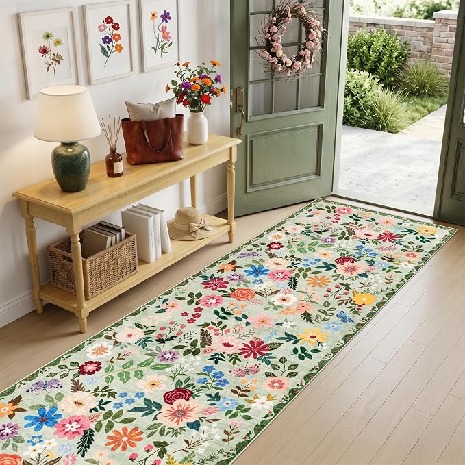 Runner Rug for Entryway: 2.6x10 Kitchen Rugs Non Slip Washable Ultra-Thin Soft Floral Carpet Indoor Floor Stain Resistant Carpets for Hallway Bedroom Kitchen Laundry Bathroom Dorm Green