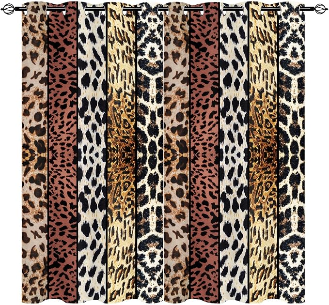 Wild Animal Print Curtain, Room Darkening Thermal Insulated Blackout Leopard Boa Window Drapes with Grommets for Living, Dining, Bedroom, Brown Leopard Print, 42"x 63", 2 Panels