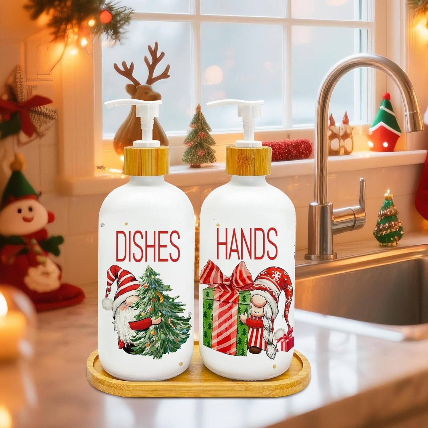 Hexagram Christmas Soap Dispenser Set of 2, Christmas Kitchen Decor, Xmas Gnomes Glass Soap Dispenser for Home Indoor Decorations, Xmas Refillable Lotion Essential Oil Dispensers with Pump