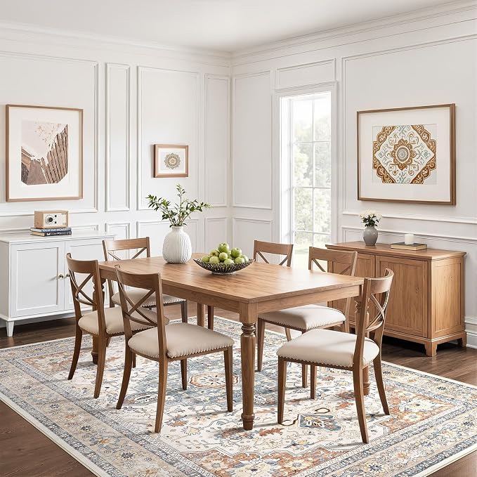 10x13 Area Rug Living Room: Washable Boho Large Neutral Vintage Soft Rugs Stain Resistant Distressed Farmhouse Non-Slip Indoor Floor Carpet for Bedroom Nursery Kids Office Dining Room- Beige Blue