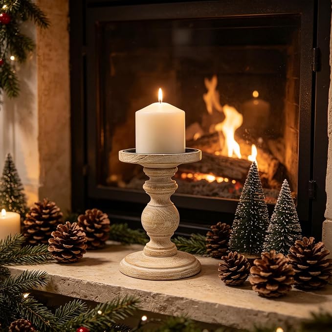 Hosley Antique White Wooden Pillar Candle Holder 7 Inch High - Rustic Country Farmhouse Decor, Wedding Centerpiece, Home Accent Gift