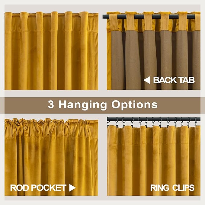 Mustard Yellow Gold Curtains Velvet Drapes 108 Inch Extra Long Ceiling to Floor Curtain for Patio Sliding Door Window French Country Doorway Hallway Cabin Mid Century Modern Boho Western Decor 2 Panel