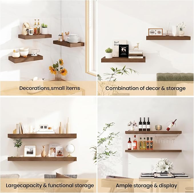 Vivelove Walnut Floating Shelves, 16 Inch Wall Display Shelves for Bathroom Living Room Kitchen Bedroom Office Farmhouse Home Decor, 16" X 9.3" X 1.5" - Set of 2, Walnut