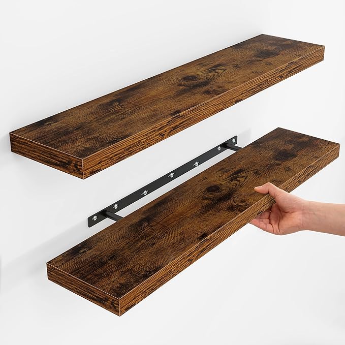 Fun Memories Floating Shelves for Wall, 36 Inch Long Set of 2 Rustic Wood Wall Shelves with Invisible Brackets, Heavy Duty Storage Display for Living Room Bedroom Kitchen, Brown