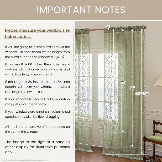 WAZZIO Boho Lace Curtains 2 Panels 63 Inch -Vintage Victorian Sheer Panel Drape French Country Floral Pattern & Tassel Light Filtering Privacy for Bedroom Dining Living Room,Light Sage Green,W52x L63