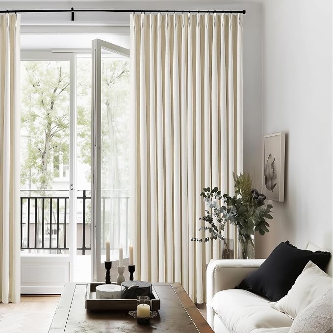 Cream Beige Linen Blackout Curtains Pinch Pleated 102 Inches Long for Bedroom Memory Shape Back Tab Flax Linen Curtains Blackout Farmhouse Full Light Blocking Thermal Insulated Drapes 2 Panels Set