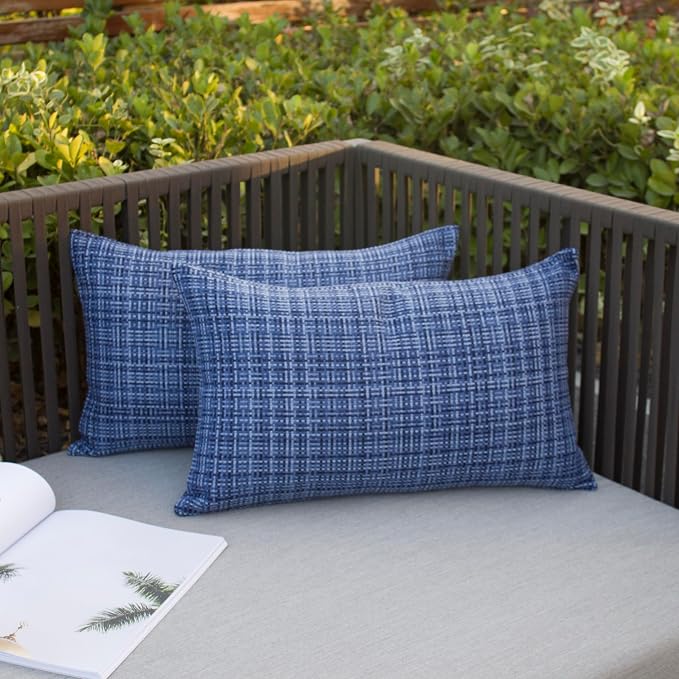 Kevin Textile Outdoor Waterproof Throw Pillow Covers 14x24 Inch Pack of 2 Woven Faux Linen Farmhouse Decorative Water Resistant Lumbar Cushion Covers for Tent Patio Garden Couch Sofa Navy Blue