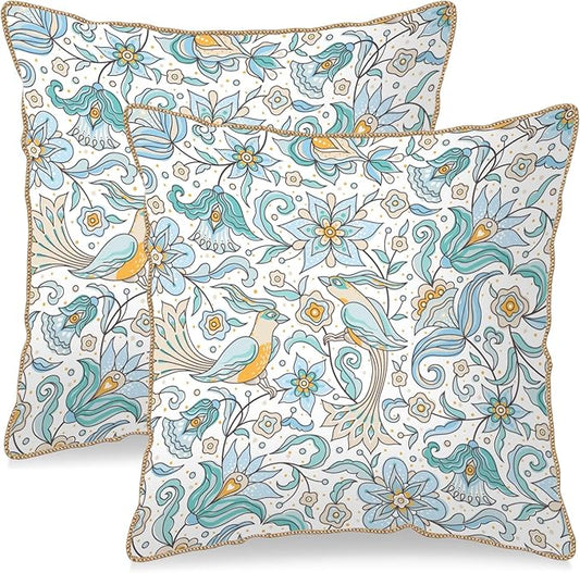 KSLIDS Vintage Floral Soft Velvet Throw Pillow Covers Set of 2 Blue Yellow Flower Birds Decorative Pillow Covers 18x18 Inch Chinoiserie Country Pillow Case for Sofa Couch Bedroom Farmhouse Home Decor