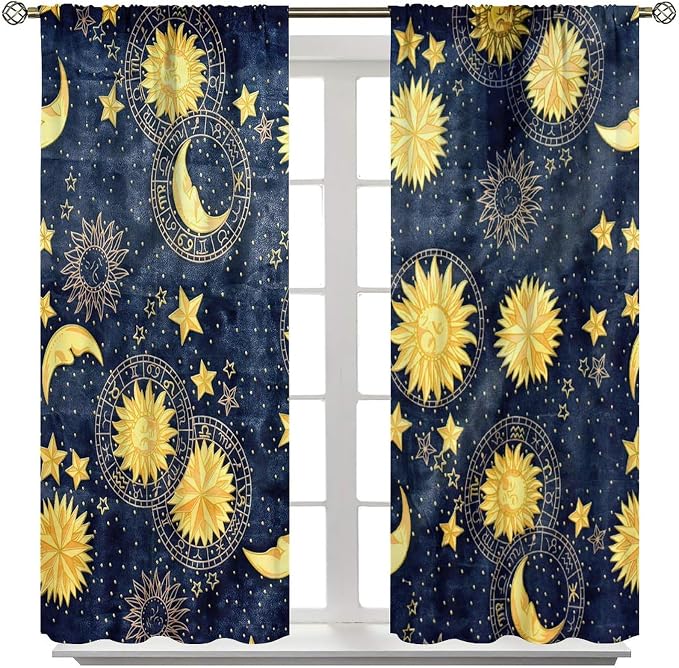 Boho Sun Moon Blackout Window Curtains, Bohemian Golden Sun Moon Stars Print Rod Pocket Window Drapes, for Living Room Bedroom 72x63in 2 Panels