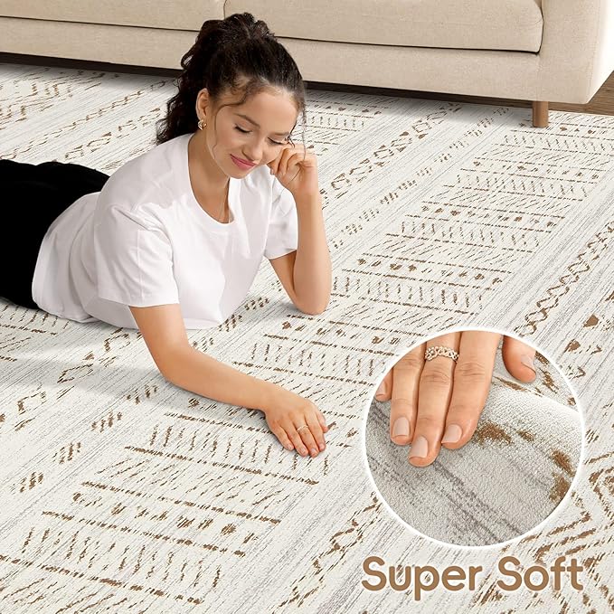 cotiled 5x7 Area Rugs Living Room Rug: Washable Boho Rugs with Non Slip Backing Large Soft Indoor Stain Resistant Carpet for Bedroom Farmhouse Dining Room Lightweight Home Decor Brown/Cream