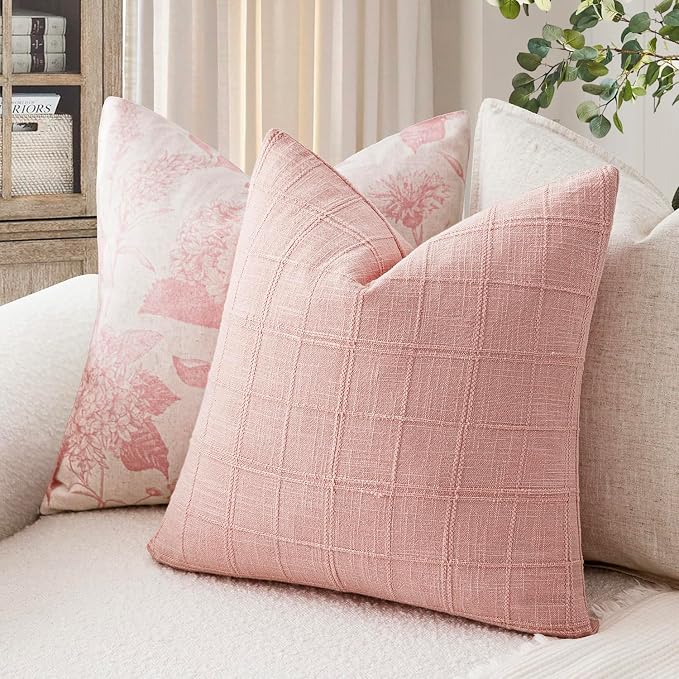 Foindtower Set of 2 Decorative Linen Check Throw Pillow Covers Neutral Farmhouse Vintage Cushion Covers Modern Boho Accent Home Decor for Sofa Chair Couch Bedroom Living Room,16×16 Inch,Light Pink