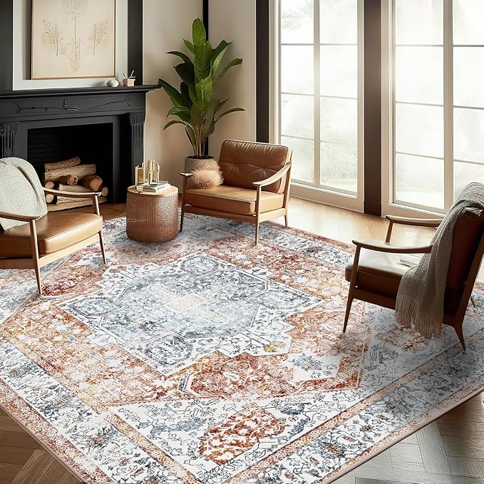 CHAMPLANT Area Rug 10x14 Washable Tangerine Vintage Traditional Mat Distressed Indoor Foldable Thin Retro Accent Floral Non Slip Carpet for Living Room Dining Room Office