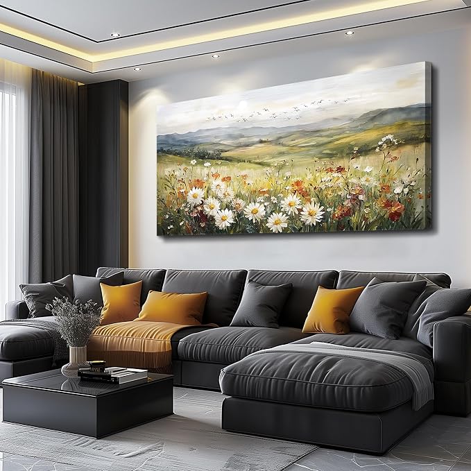 FUHAIHUA Canvas Wall Art For Living Room Large Framed Wall Decor For Bedroom Modern Office Wall Decorations Prairie Flowers Landscape Painting Farmhouse Pictures Artwork Home Decor 20" x 40"