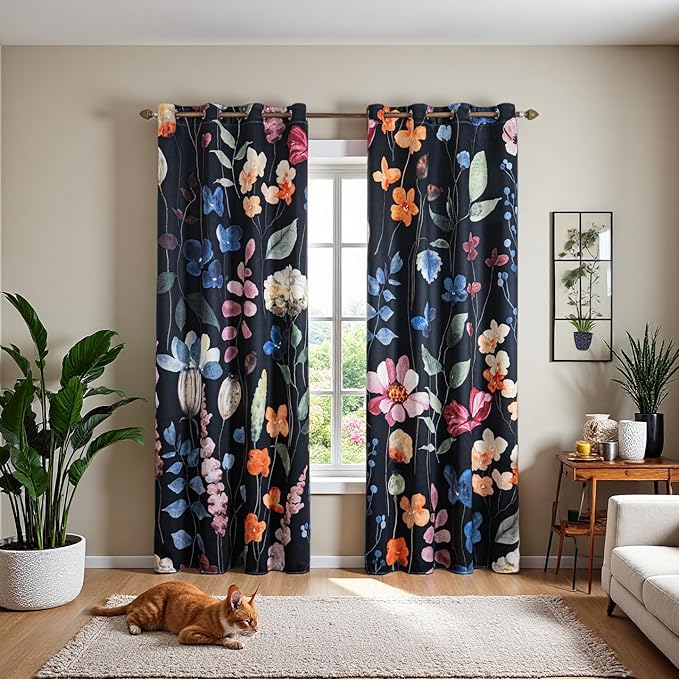 Floral Blackout Curtains 84 inch length 2 Panels Set Rustic Vintage Flowers Botanical Leaf Print Patterned Black Out Curtains Thermal Insulated Darkening Window Drapes for Bedroom Living Room 52x84 in