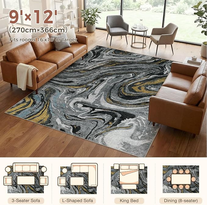 DMOYEST 9x12 Area Rug for Living Room - Washable Neutral Modern Abstract Rugs Soft Non-Slip Carpet Low Pile Indoor Floor Mat for Bedroom & Dining Room Decor for Families with Kids and Pet-Black Golden