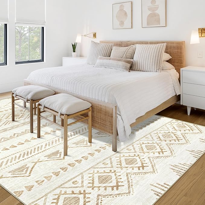 Area Rug Living Room Rugs 8x10 - Large Soft Boho Geometric Rug, Non-Slip Foldable Washable Rugs Non Shedding Morden Indoor Floor Carpet for Living Room Bedroom Office Dining Room(Beige Brown,8'x10')