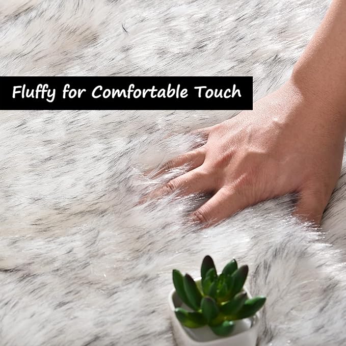 Goolela Sheepskin Area Rug 6x9 Fluffy Fuzzy Furry Faux Fur Rug for Living Room Bedroom Plush Luxury Rectangle, White with Grey Tips