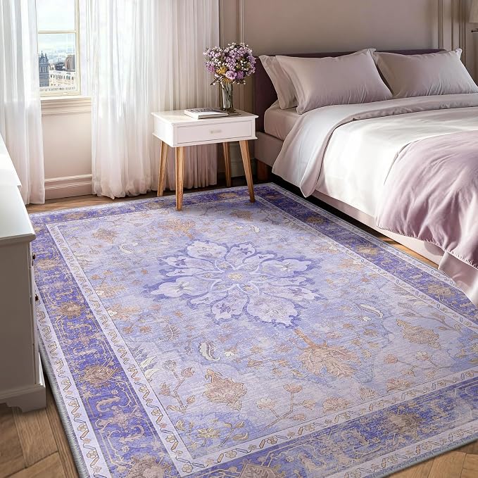 RELEANY Area Rugs 6'x8' Washable Non-Slip, Floral Vintage Distress Medallion Carpet for Living Room Bedroom Dining Room, Light Purple Brown